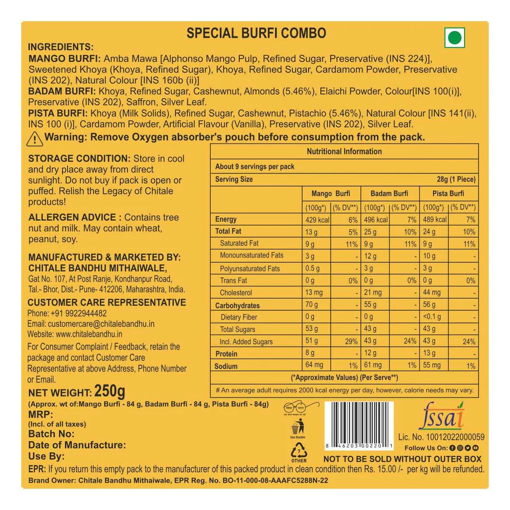 Chitale Bandhu Combo Burfi (Mango, Pista and Badam), 250 Grams (9 OZ)